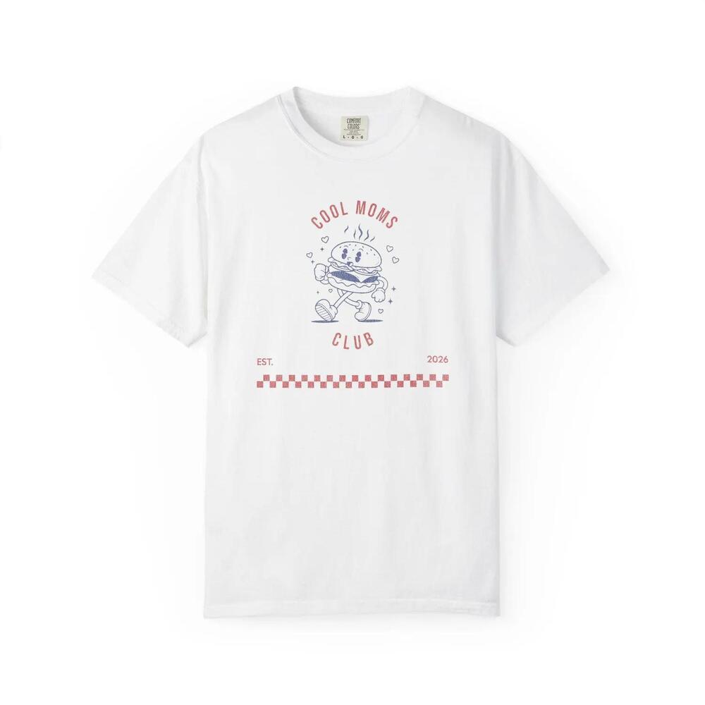 Cool Moms Club T-Shirt Retro Diner Cartoon Burger, Checkerboard Accent